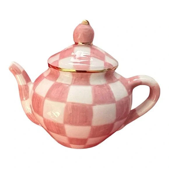 Mackenzie-Childs NWT in gift box gorgeous Rosy Check Teapot Salt & Pepper set - Picture 9 of 14